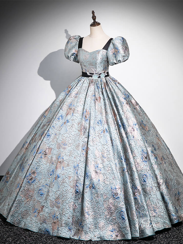 Blue Puffed Sleeve Jacquard Prom Ball Gown Sweetheart Neck Quinceanera Dresses BG054-prom dresses 2025 -Viniodress-Blue-Custom Size-