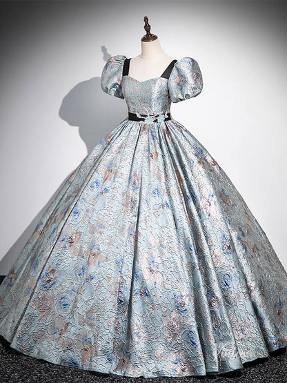 Blue Puffed Sleeve Jacquard Prom Ball Gown Sweetheart Neck Quinceanera Dresses BG054-prom dresses 2025 -Viniodress-Blue-Custom Size-