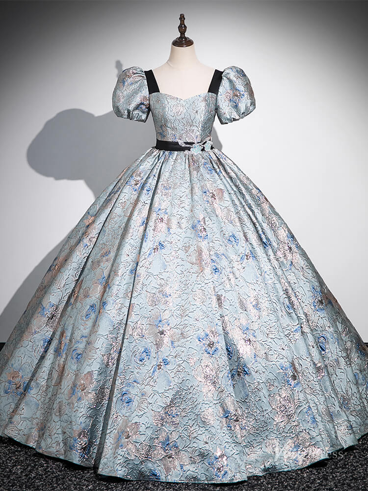 Blue Puffed Sleeve Jacquard Prom Ball Gown Sweetheart Neck Quinceanera Dresses BG054-prom dresses 2025 -Viniodress-Blue-Custom Size-