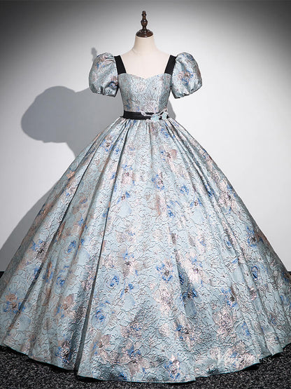Blue Puffed Sleeve Jacquard Prom Ball Gown Sweetheart Neck Quinceanera Dresses BG054-prom dresses 2025 -Viniodress-Blue-Custom Size-
