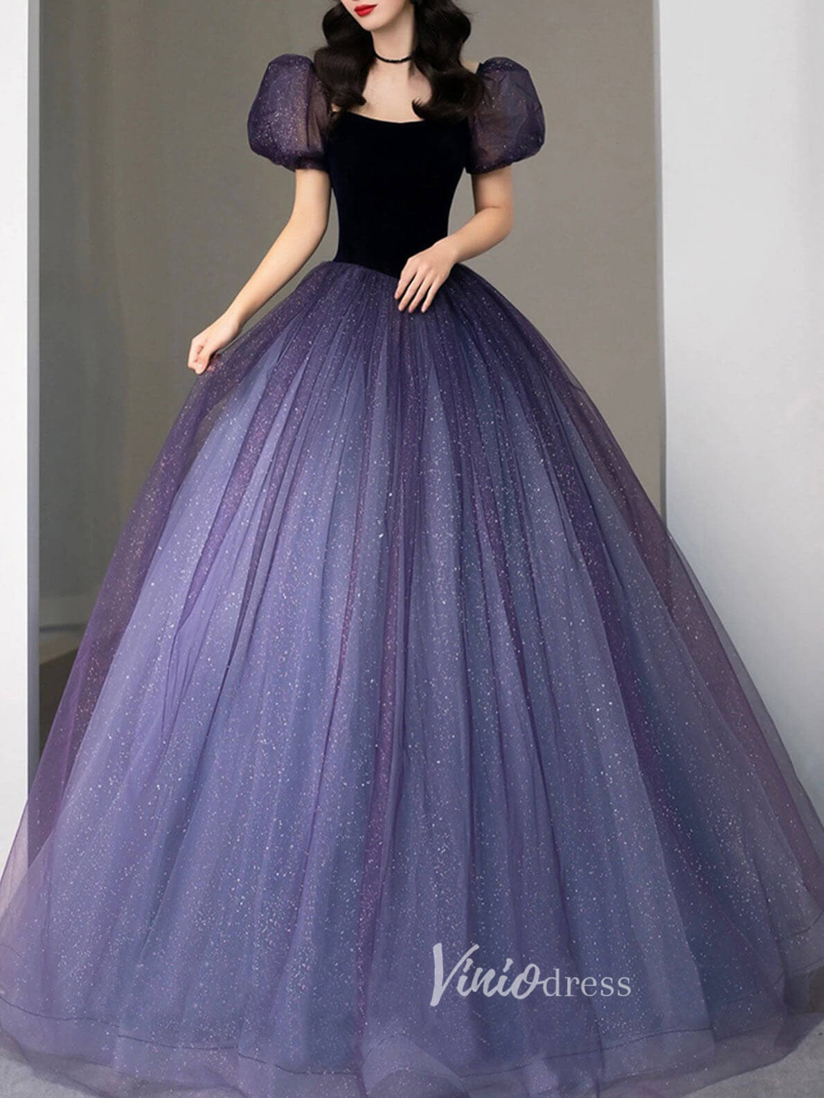 Blue Puffed Sleeve Prom Dresses Sparkly Tulle Evening Dress FD3170-prom dresses 2025 -Viniodress-Blue-Custom Size-