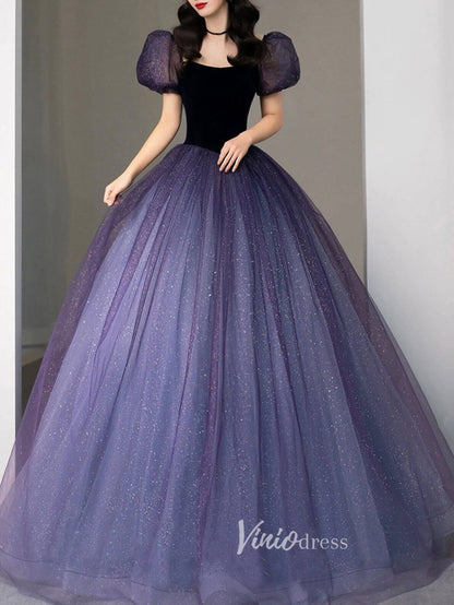 Blue Puffed Sleeve Prom Dresses Sparkly Tulle Evening Dress FD3170-prom dresses 2025 -Viniodress-Blue-Custom Size-