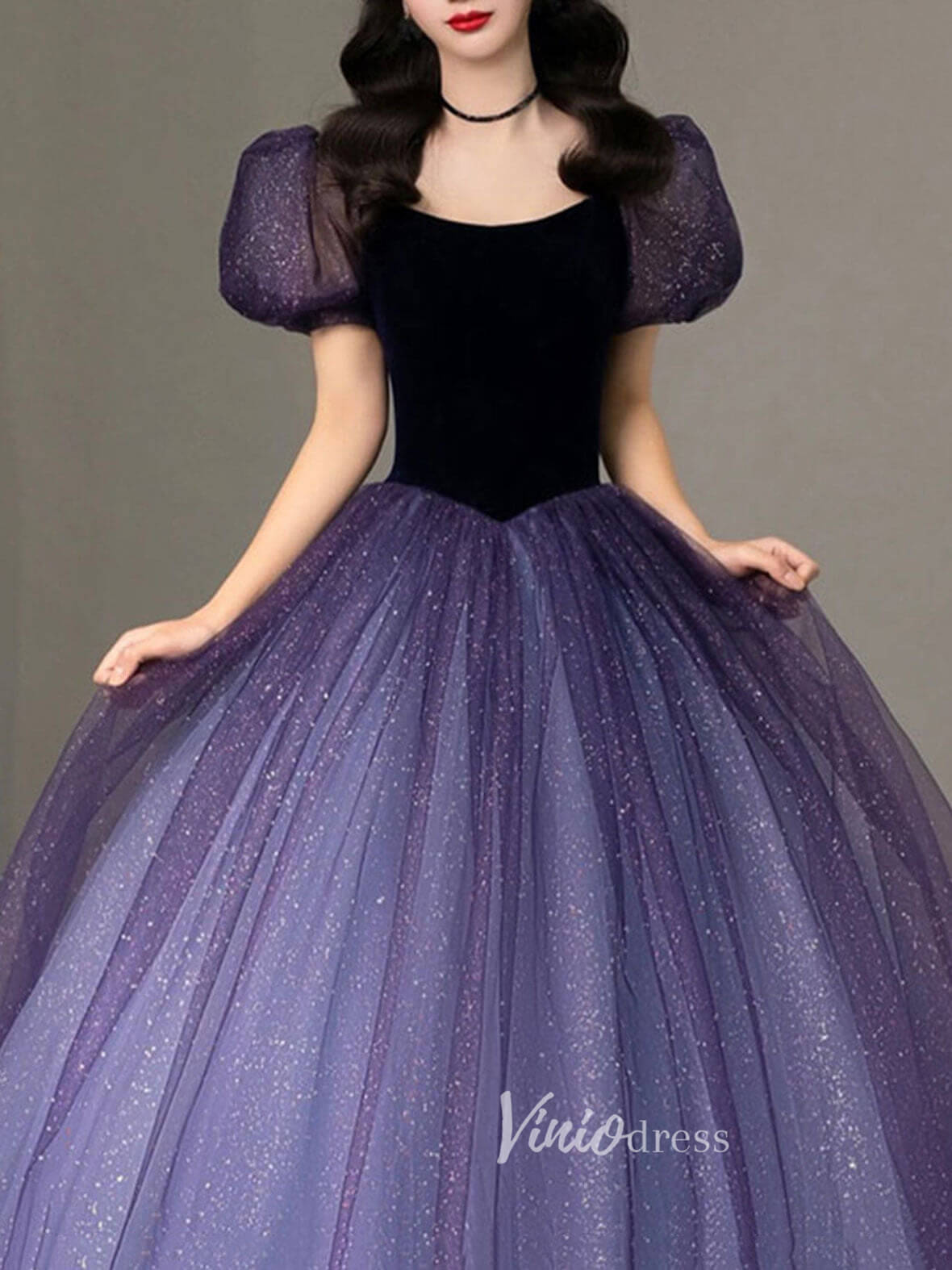 Blue Puffed Sleeve Prom Dresses Sparkly Tulle Evening Dress FD3170-prom dresses 2025 -Viniodress-Blue-Custom Size-