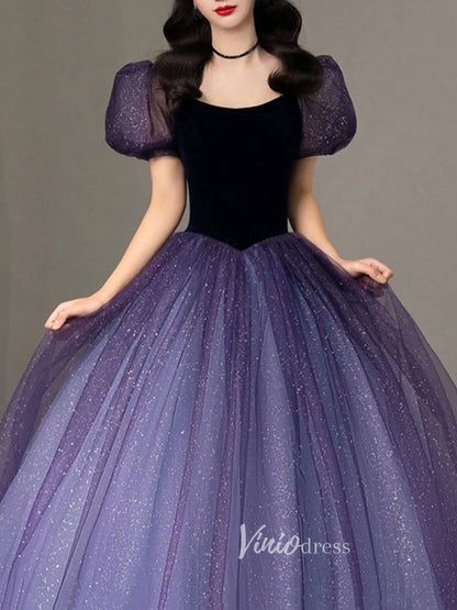 Blue Puffed Sleeve Prom Dresses Sparkly Tulle Evening Dress FD3170-prom dresses 2025 -Viniodress-Blue-Custom Size-