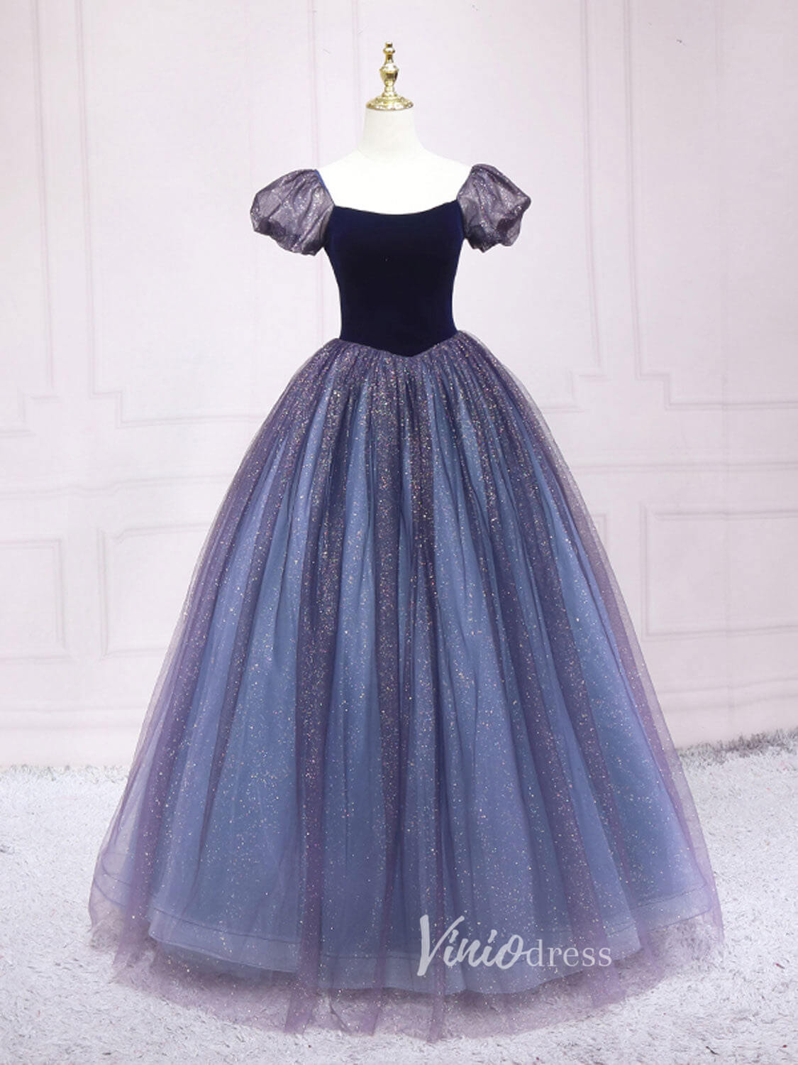 Blue Puffed Sleeve Prom Dresses Sparkly Tulle Evening Dress FD3170-prom dresses 2025 -Viniodress-Blue-Custom Size-