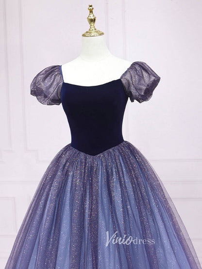 Blue Puffed Sleeve Prom Dresses Sparkly Tulle Evening Dress FD3170-prom dresses 2025 -Viniodress-Blue-Custom Size-