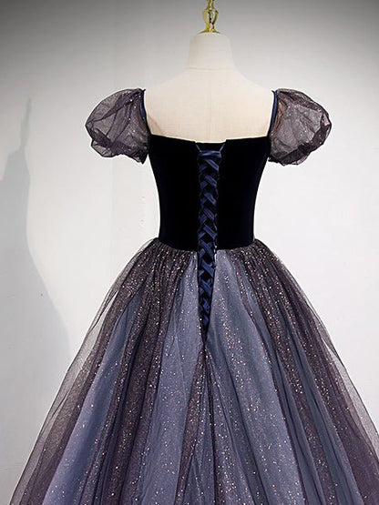 Blue Puffed Sleeve Prom Dresses Sparkly Tulle Evening Dress FD3170-prom dresses 2025 -Viniodress-Blue-Custom Size-