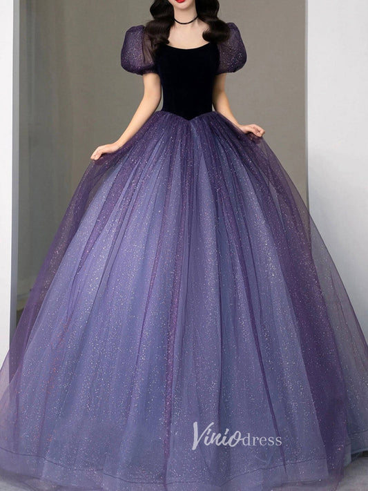Blue Puffed Sleeve Prom Dresses Sparkly Tulle Evening Dress FD3170-prom dresses 2025 -Viniodress-Blue-Custom Size-