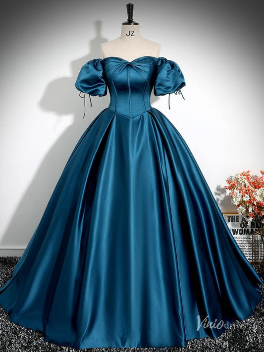 Blue Puffed Sleeve Satin Prom Ball Gown Off the Shoulder Bow Quinceanera Dresses BG026-prom dresses 2025 -Viniodress-Blue-Custom Size-