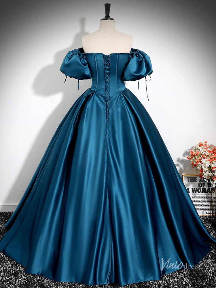 Blue Puffed Sleeve Satin Prom Ball Gown Off the Shoulder Bow Quinceanera Dresses BG026 - Viniodressprom dressesBlueCustom Size - Formal Dresses - Ball Gowns