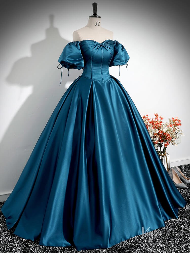 Blue Puffed Sleeve Satin Prom Ball Gown Off the Shoulder Bow Quinceanera Dresses BG026 - Viniodressprom dressesBlueCustom Size - Formal Dresses - Ball Gowns