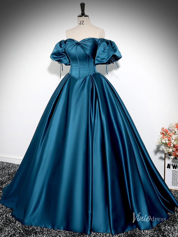 Blue Puffed Sleeve Satin Prom Ball Gown Off the Shoulder Bow Quinceanera Dresses BG026 - Viniodressprom dressesBlueCustom Size - Formal Dresses - Ball Gowns