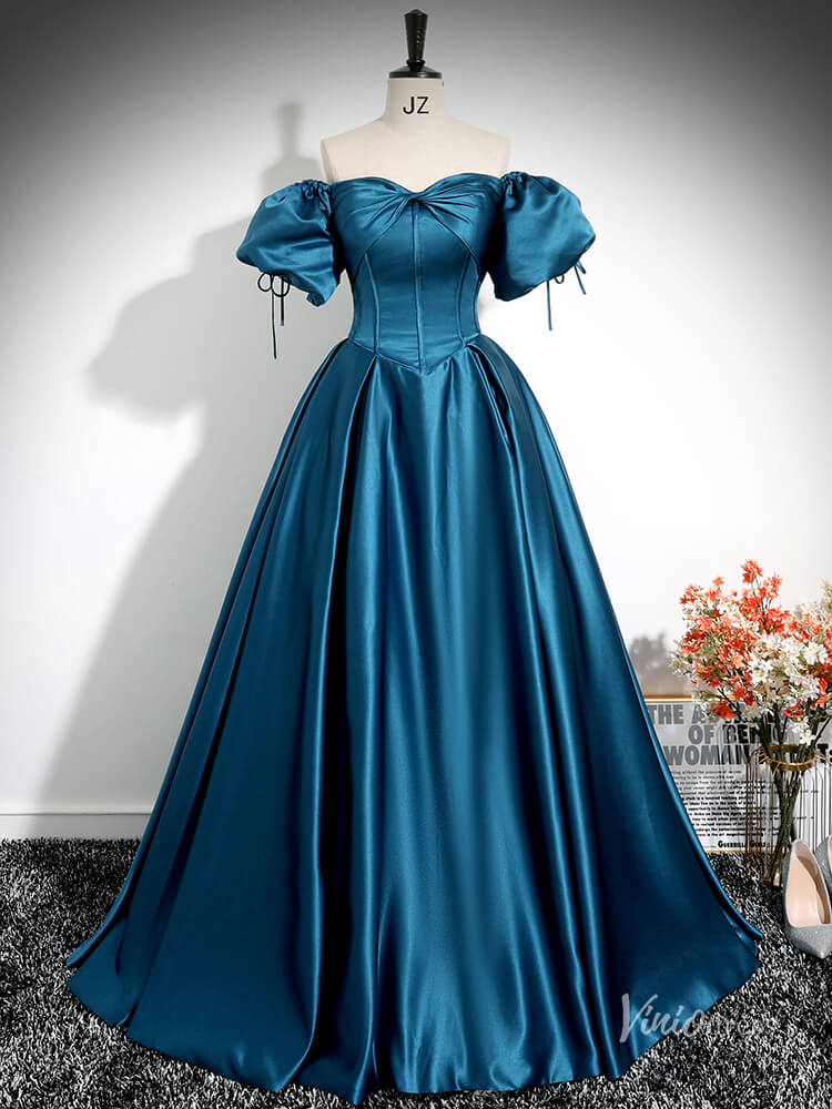 Blue Puffed Sleeve Satin Prom Ball Gown Off the Shoulder Bow Quinceanera Dresses BG026 - Viniodressprom dressesBlueCustom Size - Formal Dresses - Ball Gowns