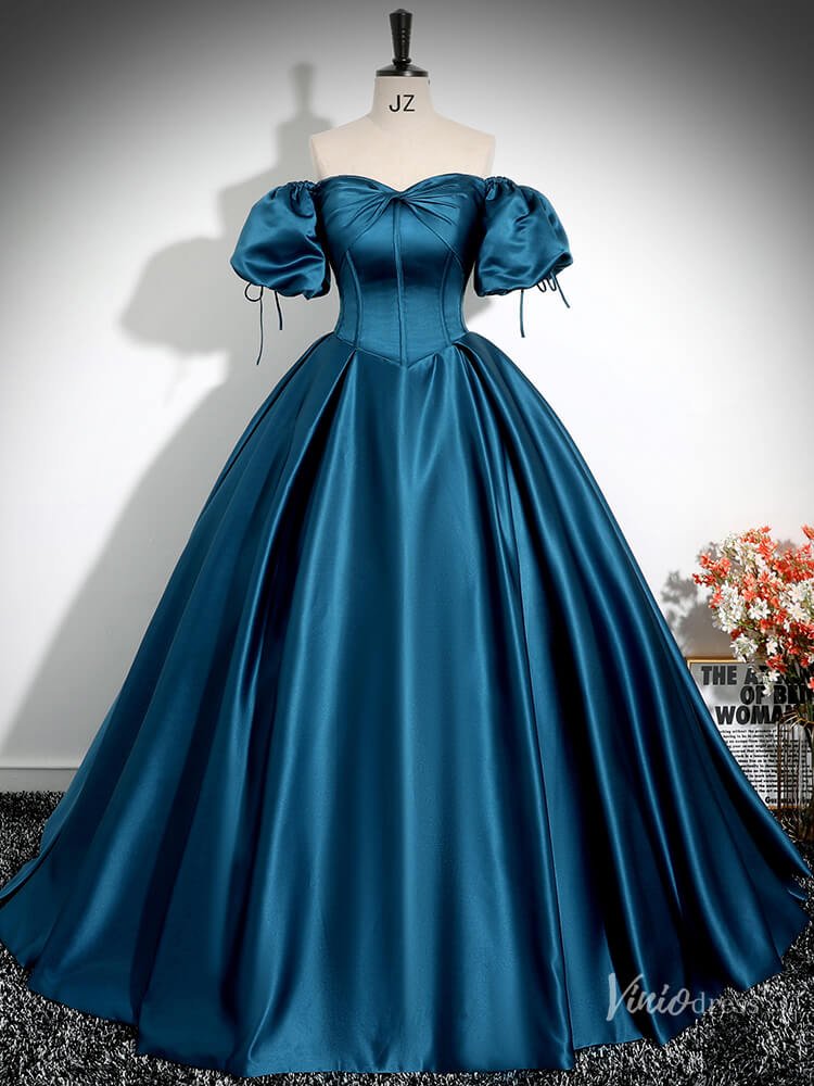 Blue Puffed Sleeve Satin Prom Ball Gown Off the Shoulder Bow Quinceanera Dresses BG026 - Viniodressprom dressesBlueCustom Size - Formal Dresses - Ball Gowns