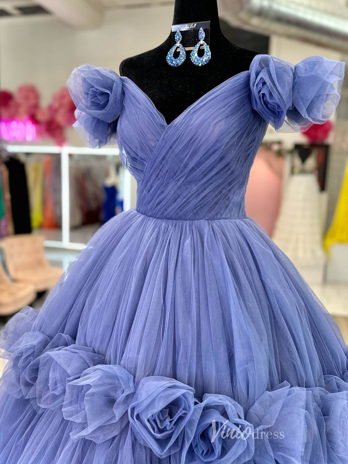 Blue Rose Blossom Prom Dresses Pleated Tulle Off the Shoulder Princess Dress FD4063 - Viniodressprom dressesBlueCustom Size - Formal Dresses - Ball Gowns