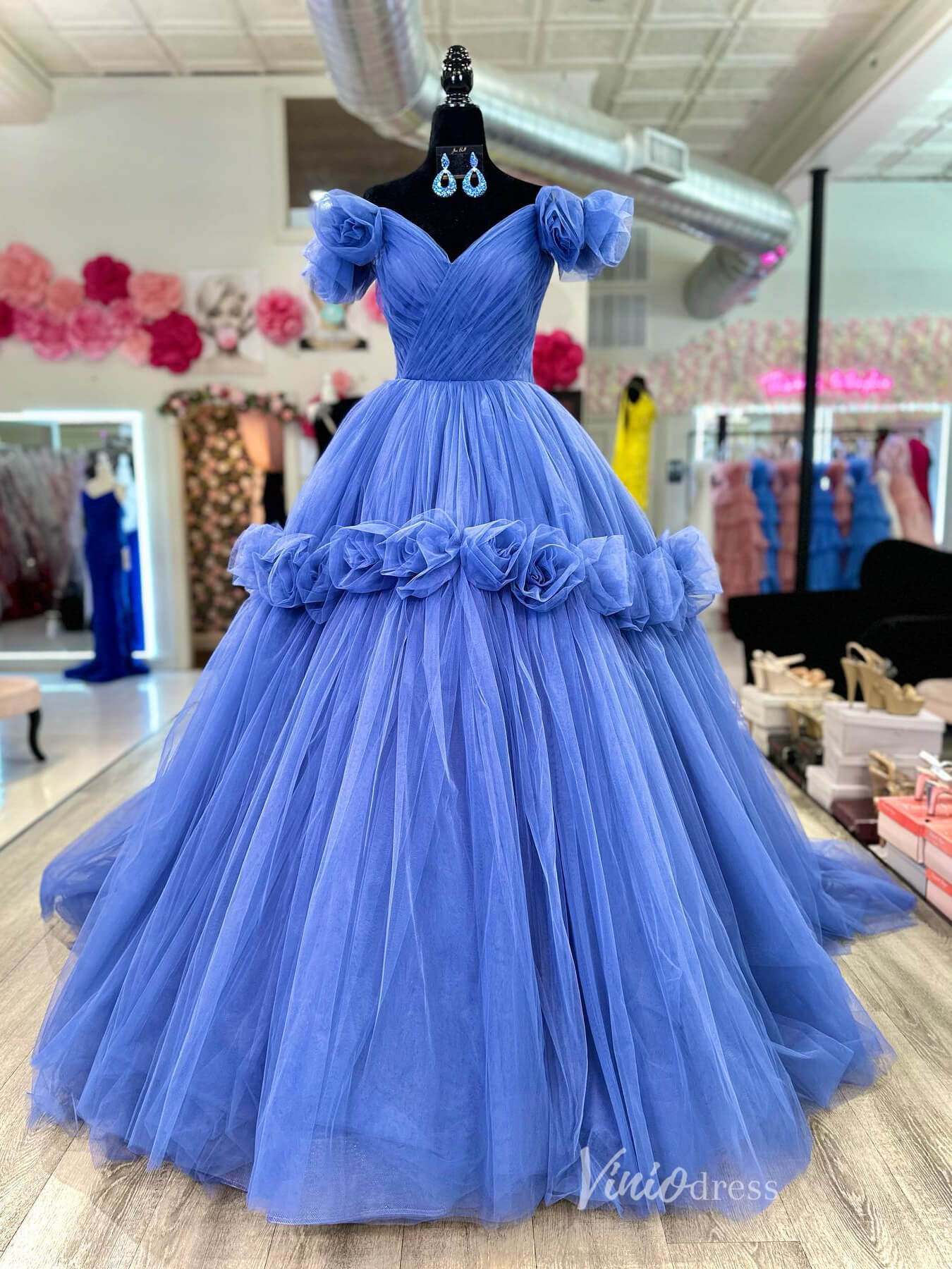 Blue Rose Blossom Prom Dresses Pleated Tulle Off the Shoulder Princess Dress FD4063 - Viniodressprom dressesBlueCustom Size - Formal Dresses - Ball Gowns