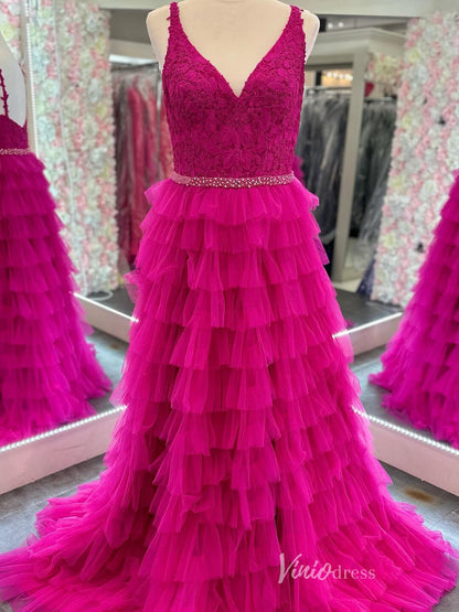 Blue Ruffle Prom Dresses with Slit Lace Applique Bodice Spaghetti Strap FD4034-prom dresses 2025 -Viniodress-Fuchsia-Custom Size-