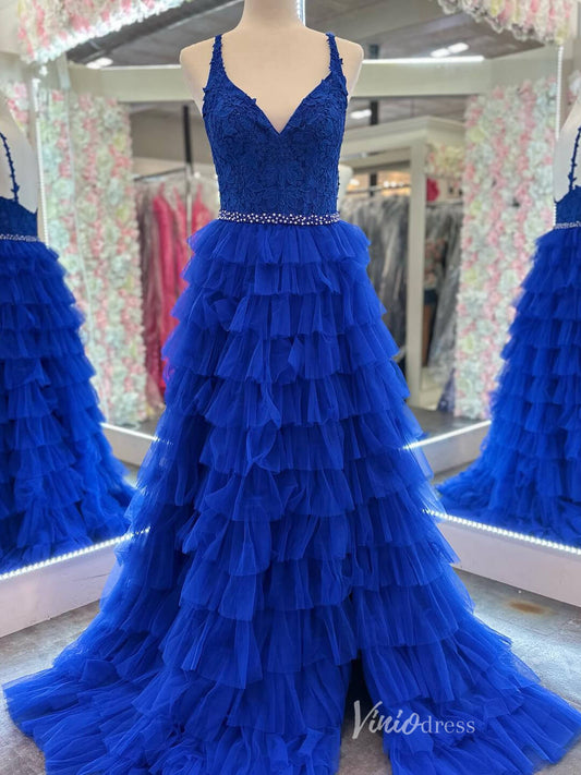 Blue Ruffle Prom Dresses with Slit Lace Applique Bodice Spaghetti Strap FD4034 - Viniodressprom dressesBlueCustom Size - Formal Dresses - Ball Gowns