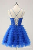 Blue Ruffled Spaghetti Strap Homecoming Dresses Lace Applique Back to School Dress S24051-prom dresses-Viniodress-Viniodress