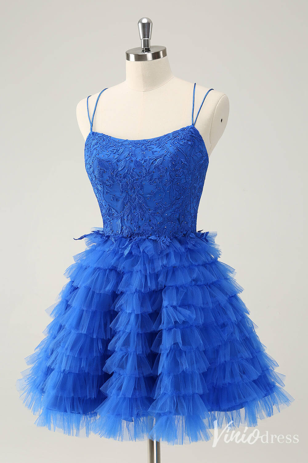 Blue Ruffled Spaghetti Strap Homecoming Dresses Lace Applique Back to School Dress S24051-prom dresses-Viniodress-Viniodress