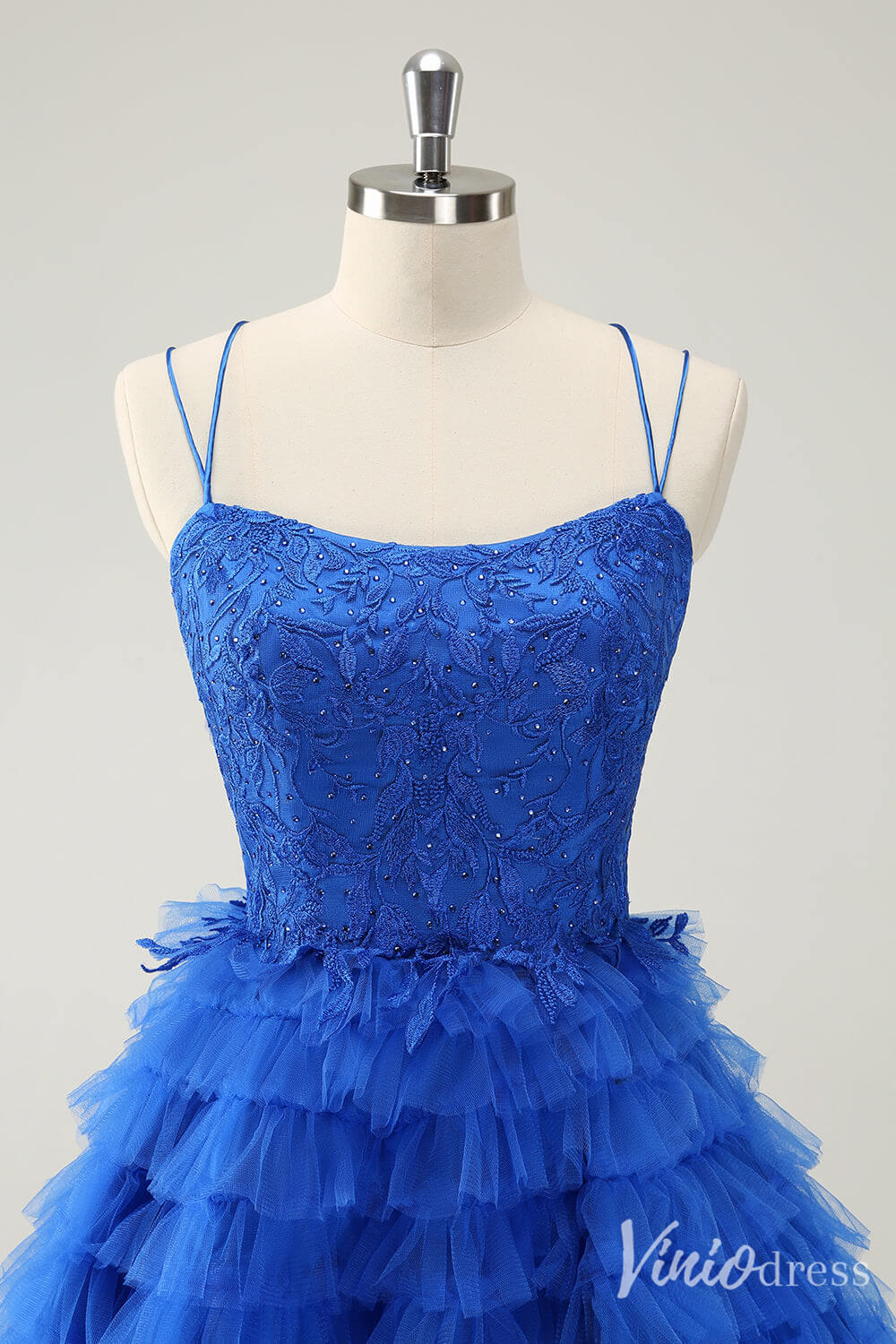 Blue Ruffled Spaghetti Strap Homecoming Dresses Lace Applique Back to School Dress S24051-prom dresses-Viniodress-Viniodress