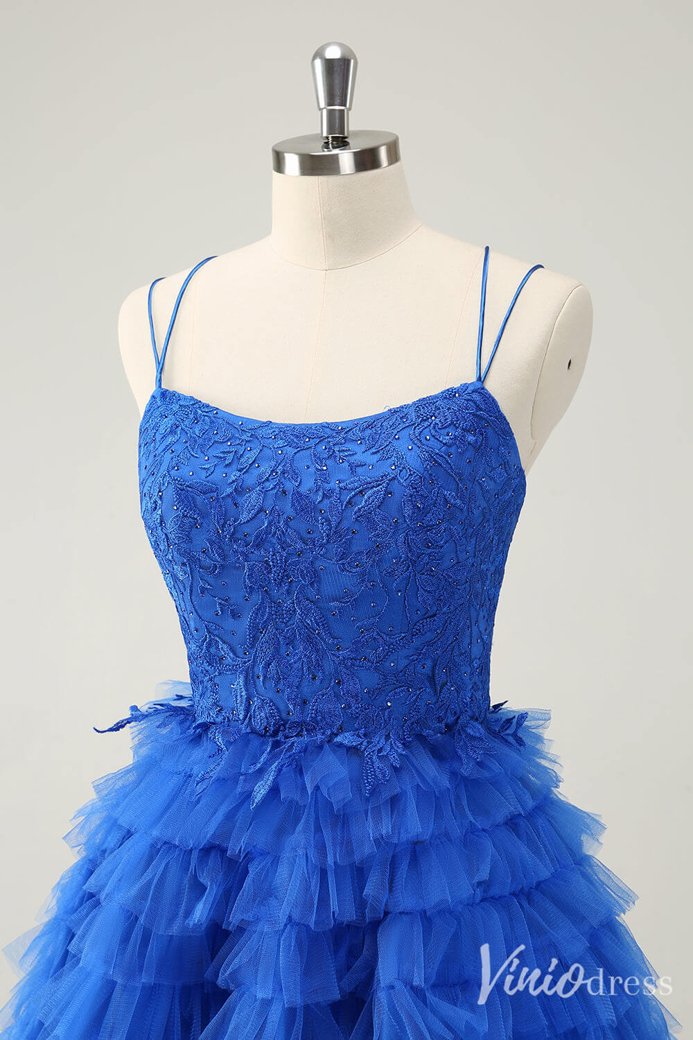 Blue Ruffled Spaghetti Strap Homecoming Dresses Lace Applique Back to School Dress S24051-prom dresses-Viniodress-Viniodress