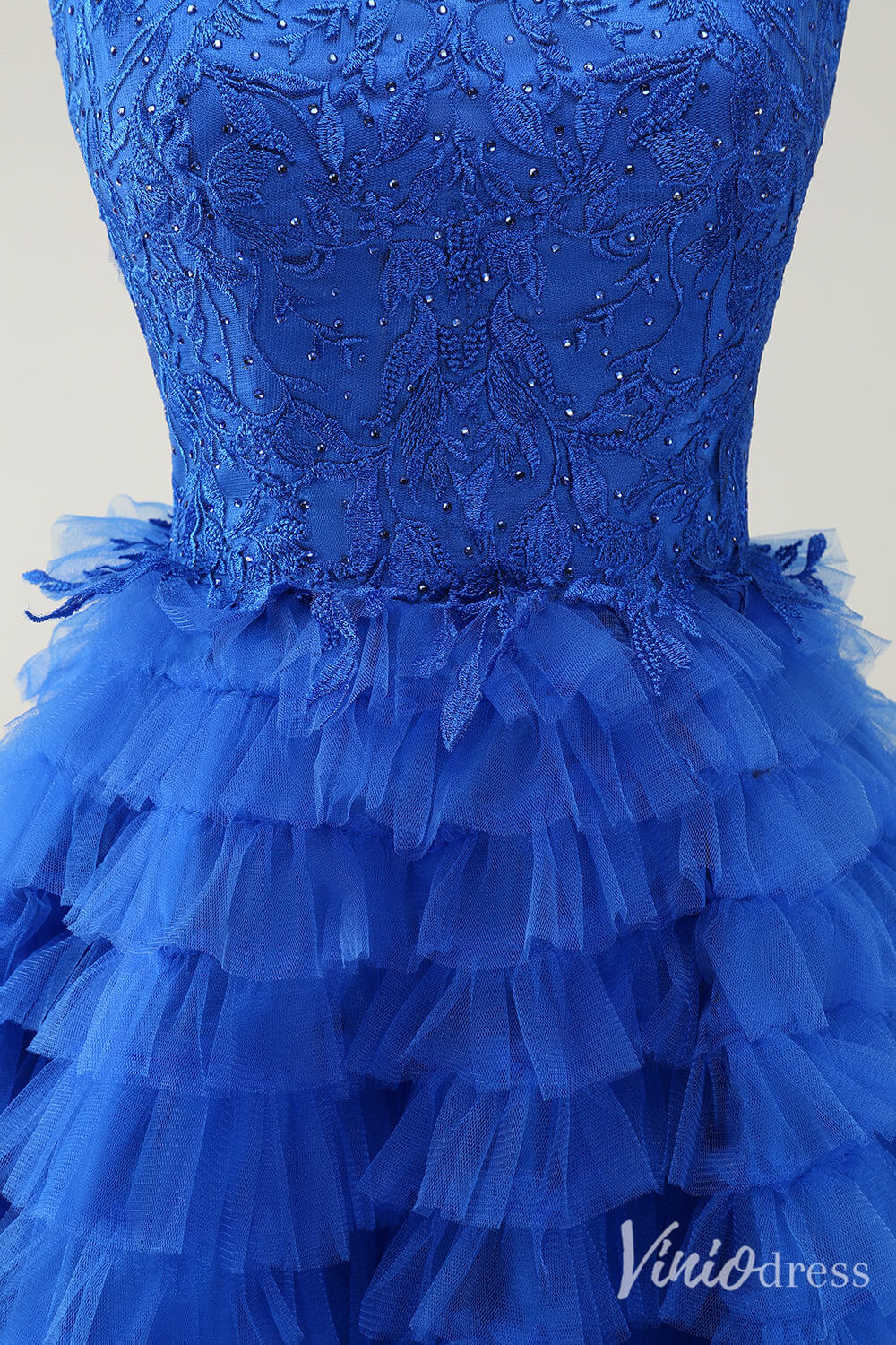 Blue Ruffled Spaghetti Strap Homecoming Dresses Lace Applique Back to School Dress S24051-prom dresses-Viniodress-Viniodress