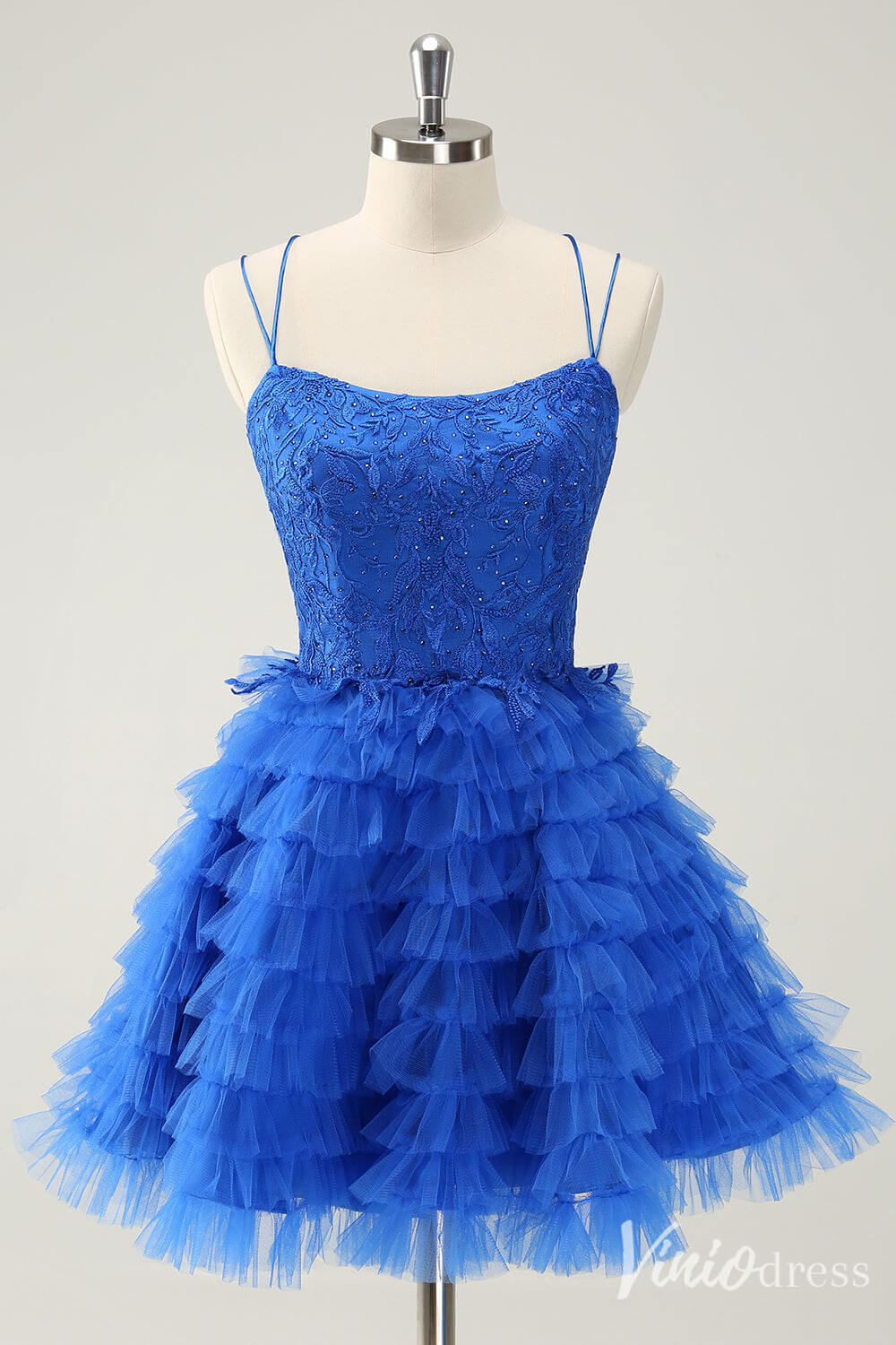 Blue Ruffled Spaghetti Strap Homecoming Dresses Lace Applique Back to School Dress S24051-prom dresses-Viniodress-Blue-Custom Size-Viniodress