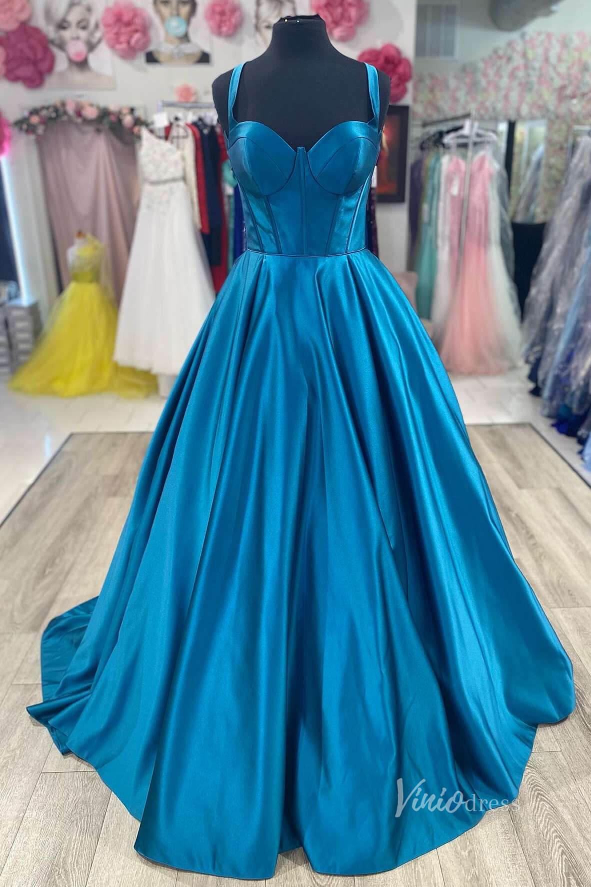 Blue Satin Cheap Prom Dresses Wide Strap Boned Bodice Formal Gown FD4015-prom dresses-Viniodress-Blue-Custom Size-Viniodress