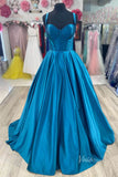Blue Satin Cheap Prom Dresses Wide Strap Boned Bodice Formal Gown FD4015