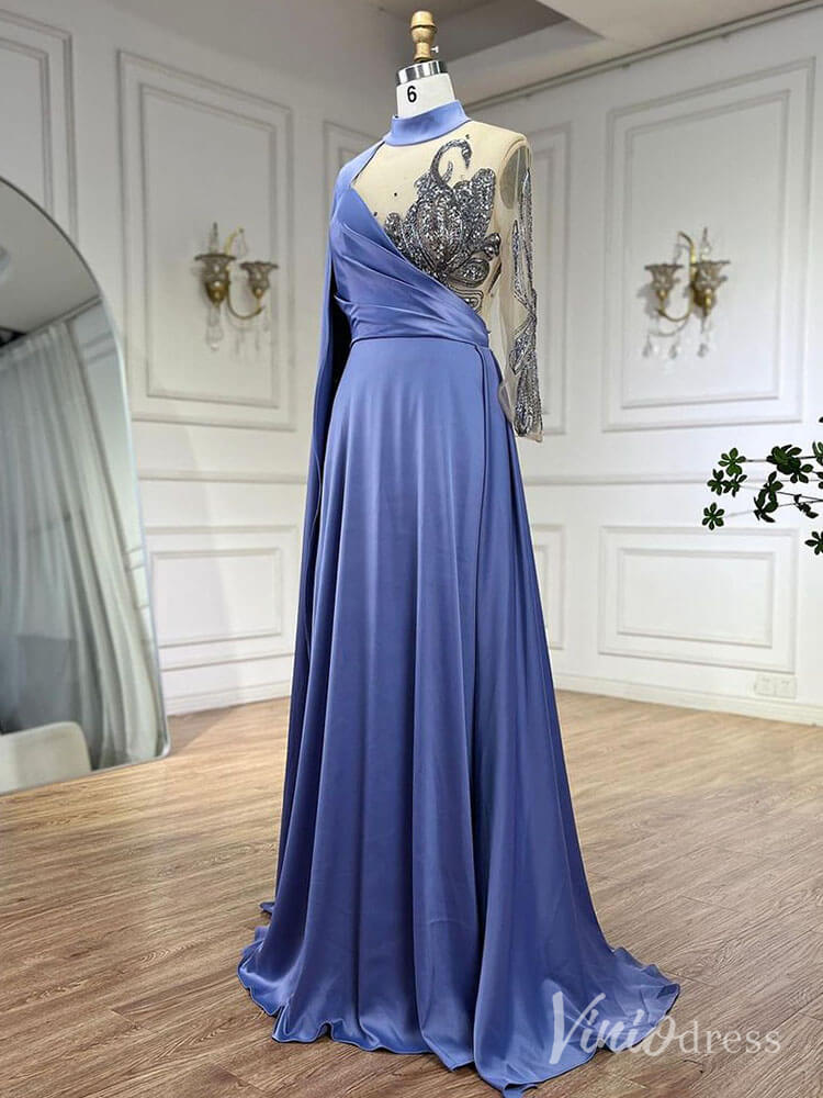 Blue Satin Long Sleeve Prom Dresses Sheer Beaded Lace Formal Dress AD1234-Evening Dresses 2025 -Viniodress-Blue-US 2-