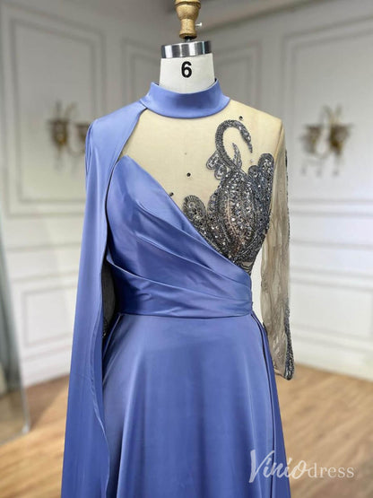 Blue Satin Long Sleeve Prom Dresses Sheer Beaded Lace Formal Dress AD1234-Evening Dresses 2025 -Viniodress-Blue-US 2-