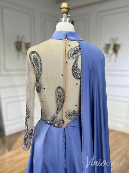 Blue Satin Long Sleeve Prom Dresses Sheer Beaded Lace Formal Dress AD1234-Evening Dresses 2025 -Viniodress-Blue-US 2-