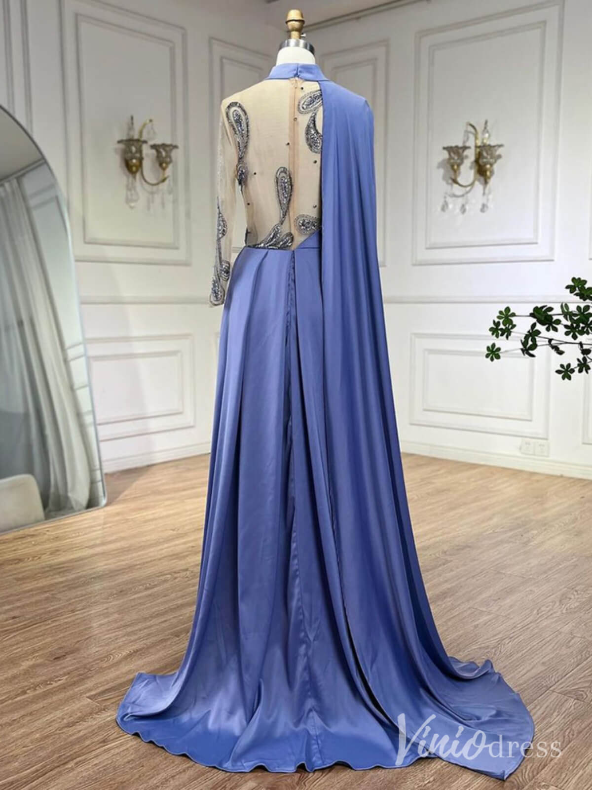 Blue Satin Long Sleeve Prom Dresses Sheer Beaded Lace Formal Dress AD1234 - ViniodressEvening DressesBlueUS 2 - Formal Dresses - Ball Gowns