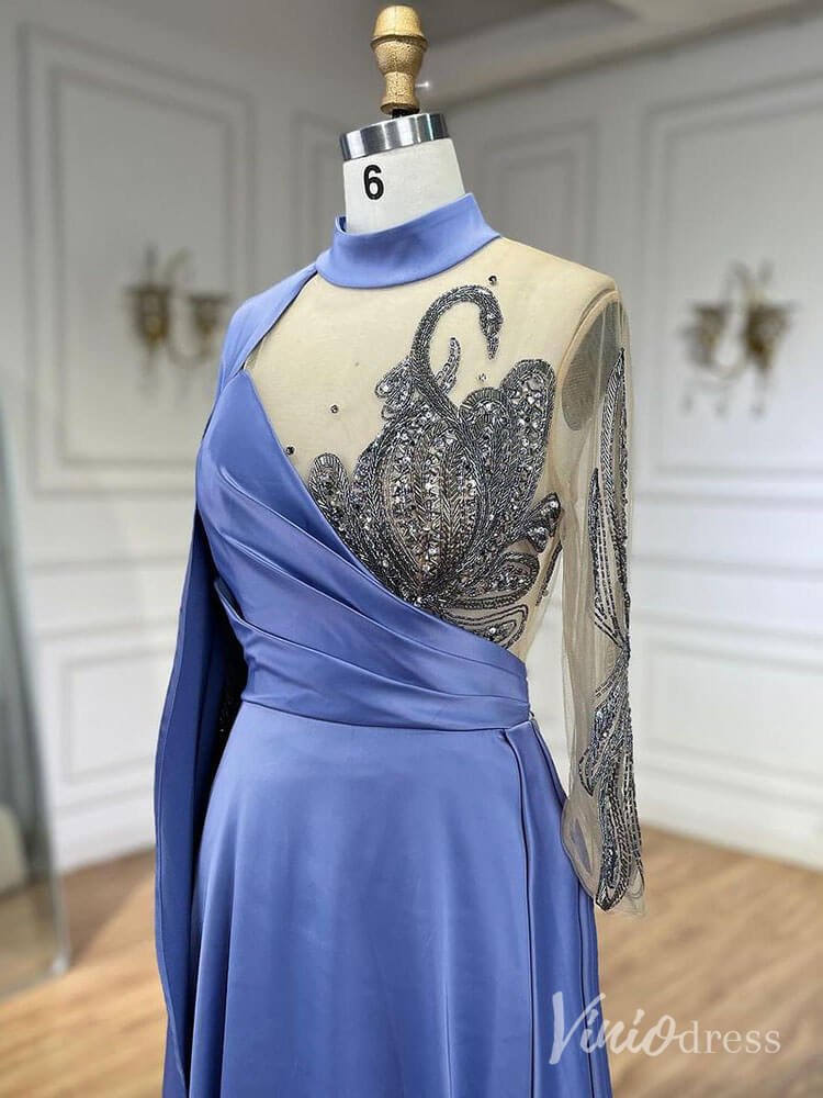 Blue Satin Long Sleeve Prom Dresses Sheer Beaded Lace Formal Dress AD1234 - ViniodressEvening DressesBlueUS 2 - Formal Dresses - Ball Gowns