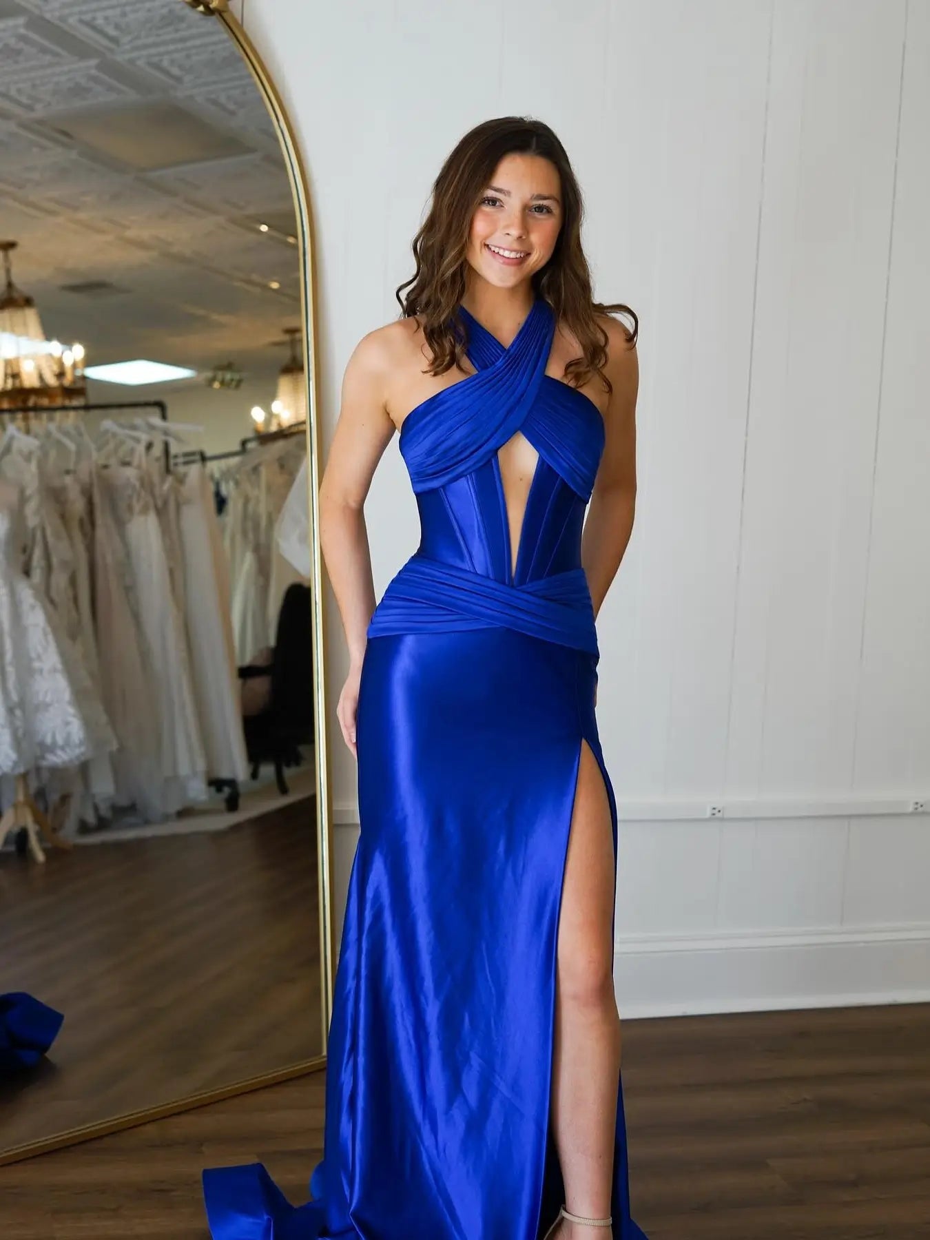 Blue Satin Mermaid Prom Dress with Slit, Halter Neck & Crossed Ruched Viniodress Blue Satin Mermaid Prom Dress with Slit, Halter Neck & Crossed Ruched Viniodress