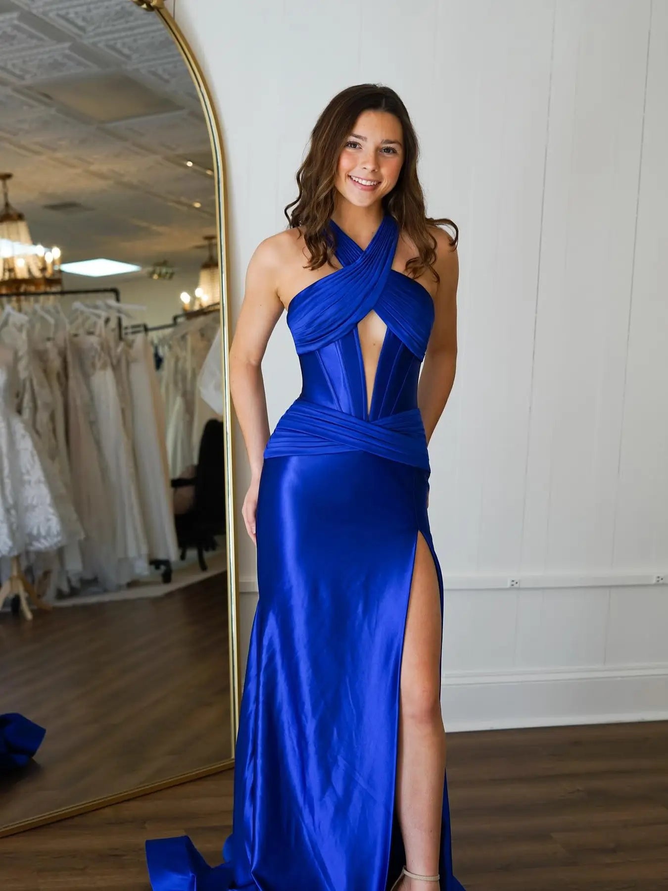 prom dresses 2025-to impress Blue Satin Mermaid Prom Dress with Slit, Halter Neck & Crossed Ruched Bodice - FD6095-plus size wedding dresses Viniodress-Blue-Custom Size-