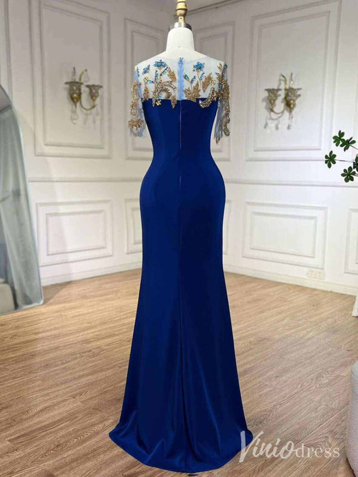 Blue Satin Mermaid Prom Dresses Beaded Lace Short Sleeve Formal Dress AD1244-Evening Dresses 2025 -Viniodress-Blue-US 2-