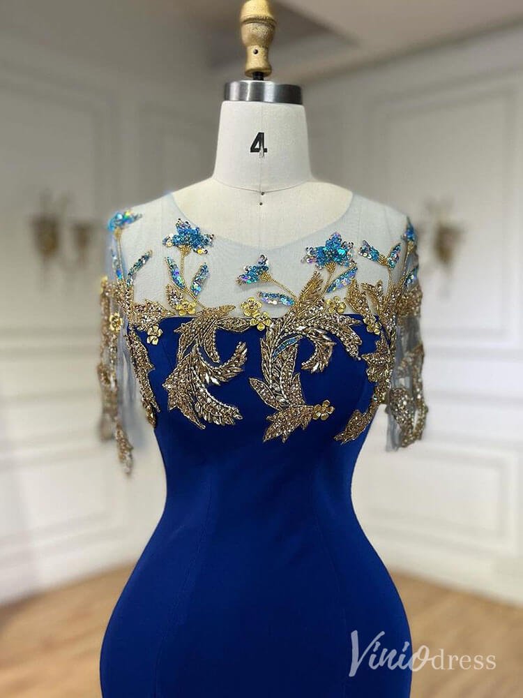 Blue Satin Mermaid Prom Dresses Beaded Lace Short Sleeve Formal Dress AD1244-Evening Dresses 2025 -Viniodress-Blue-US 2-