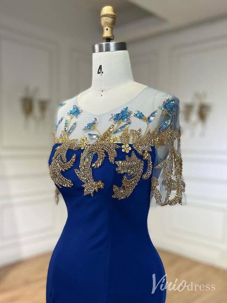 Blue Satin Mermaid Prom Dresses Beaded Lace Short Sleeve Formal Dress AD1244-Evening Dresses 2025 -Viniodress-Blue-US 2-