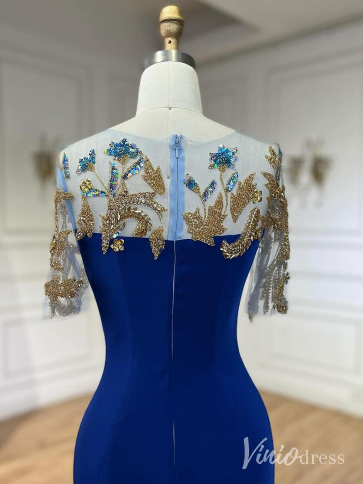 Blue Satin Mermaid Prom Dresses Beaded Lace Short Sleeve Formal Dress AD1244-Evening Dresses 2025 -Viniodress-Blue-US 2-