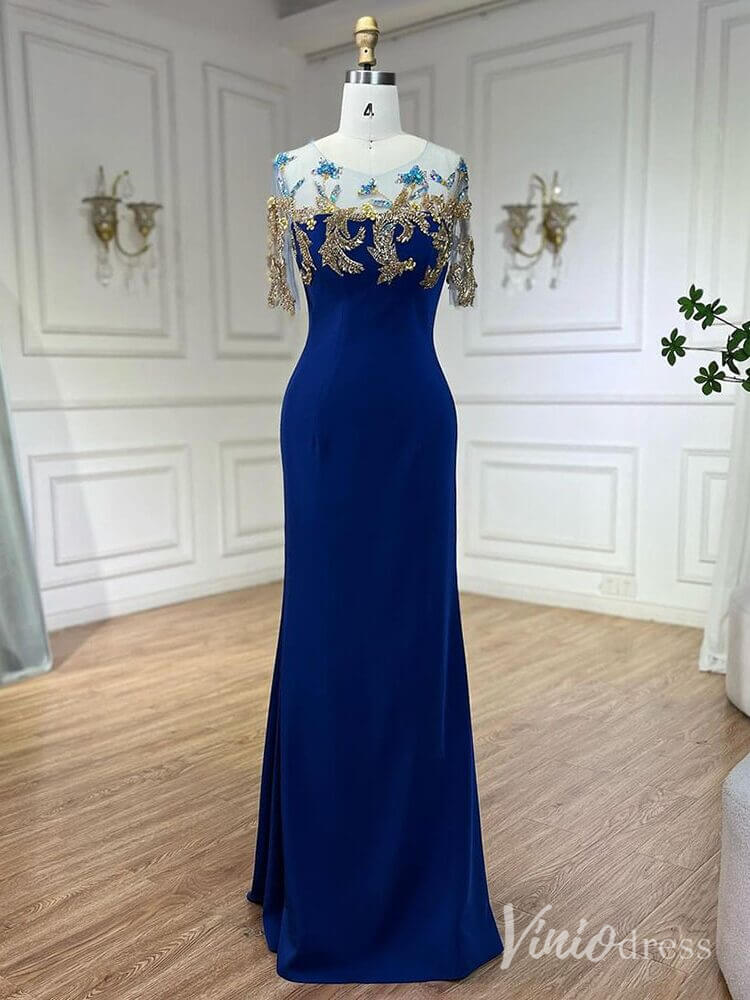 Blue Satin Mermaid Prom Dresses Beaded Lace Short Sleeve Formal Dress AD1244-Evening Dresses 2025 -Viniodress-Blue-US 2-