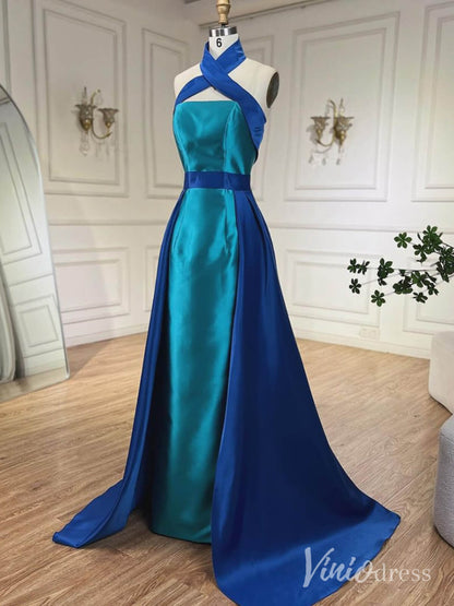 Blue Satin Mermaid Prom Dresses Overskirt Halter Neck Formal Dress AD1251-Evening Dresses 2025 -Viniodress-Blue-Custom Size-