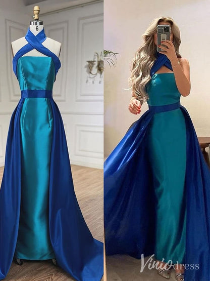 Blue Satin Mermaid Prom Dresses Overskirt Halter Neck Formal Dress AD1251-Evening Dresses 2025 -Viniodress-Blue-US 2-