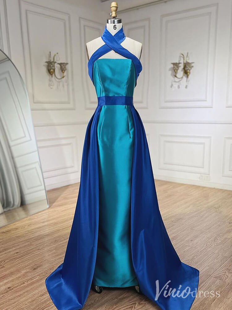 Blue Satin Mermaid Prom Dresses Overskirt Halter Neck Formal Dress AD1 Viniodress Blue Satin Mermaid Prom Dresses Overskirt Halter Neck Formal Dress AD1 Viniodress
