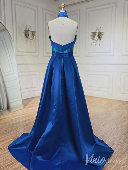 Blue Satin Mermaid Prom Dresses Overskirt Halter Neck Formal Dress AD1251-Evening Dresses 2025 -Viniodress-Blue-Custom Size-
