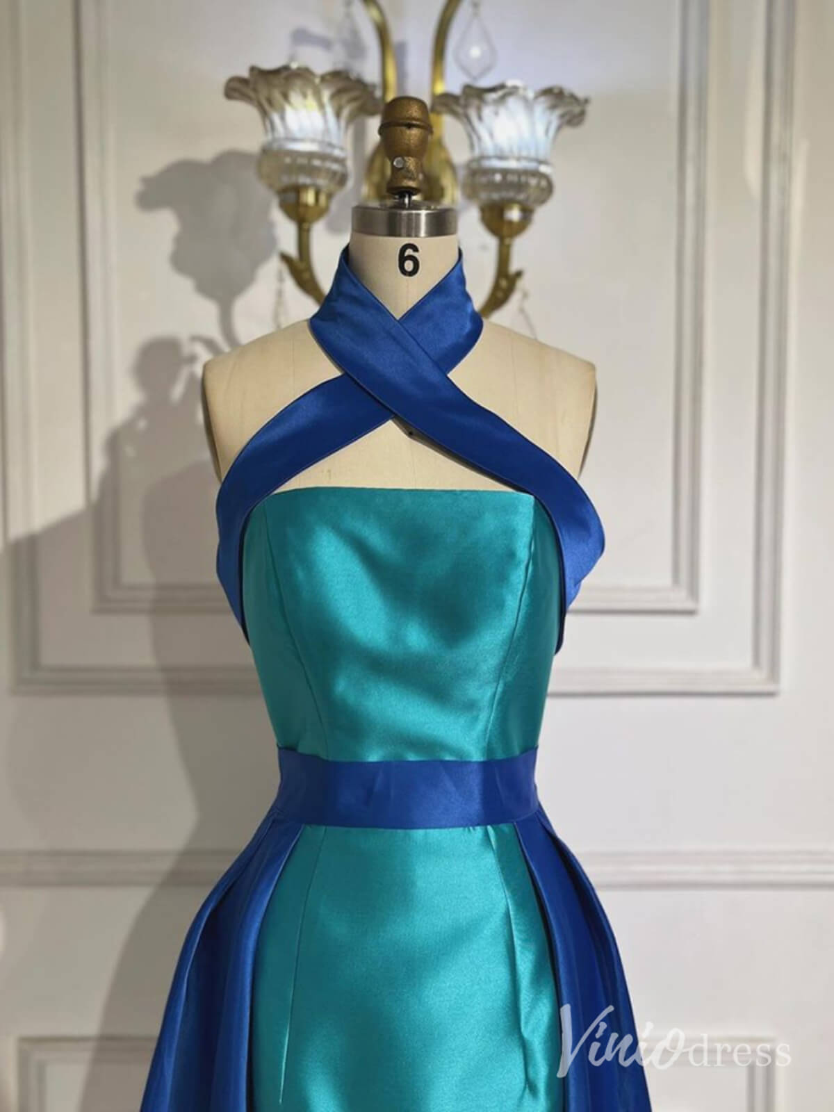 Blue Satin Mermaid Prom Dresses Overskirt Halter Neck Formal Dress AD1251-Evening Dresses 2025 -Viniodress-Blue-Custom Size-