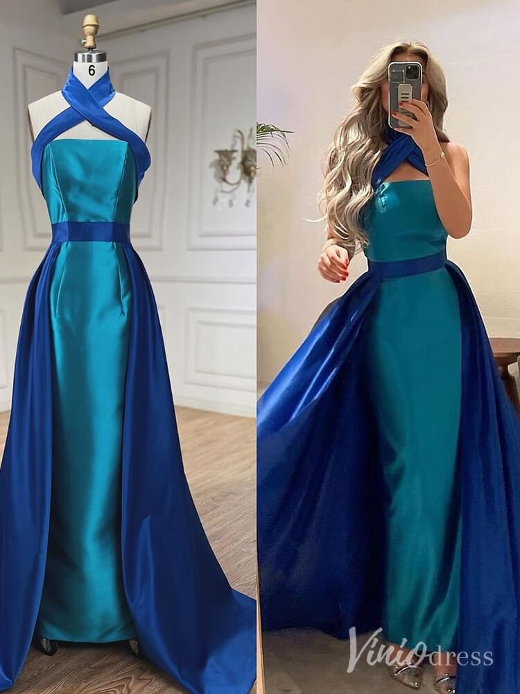 Blue Satin Mermaid Prom Dresses Overskirt Halter Neck Formal Dress AD1251-Evening Dresses 2025 -Viniodress-Blue-US 2-