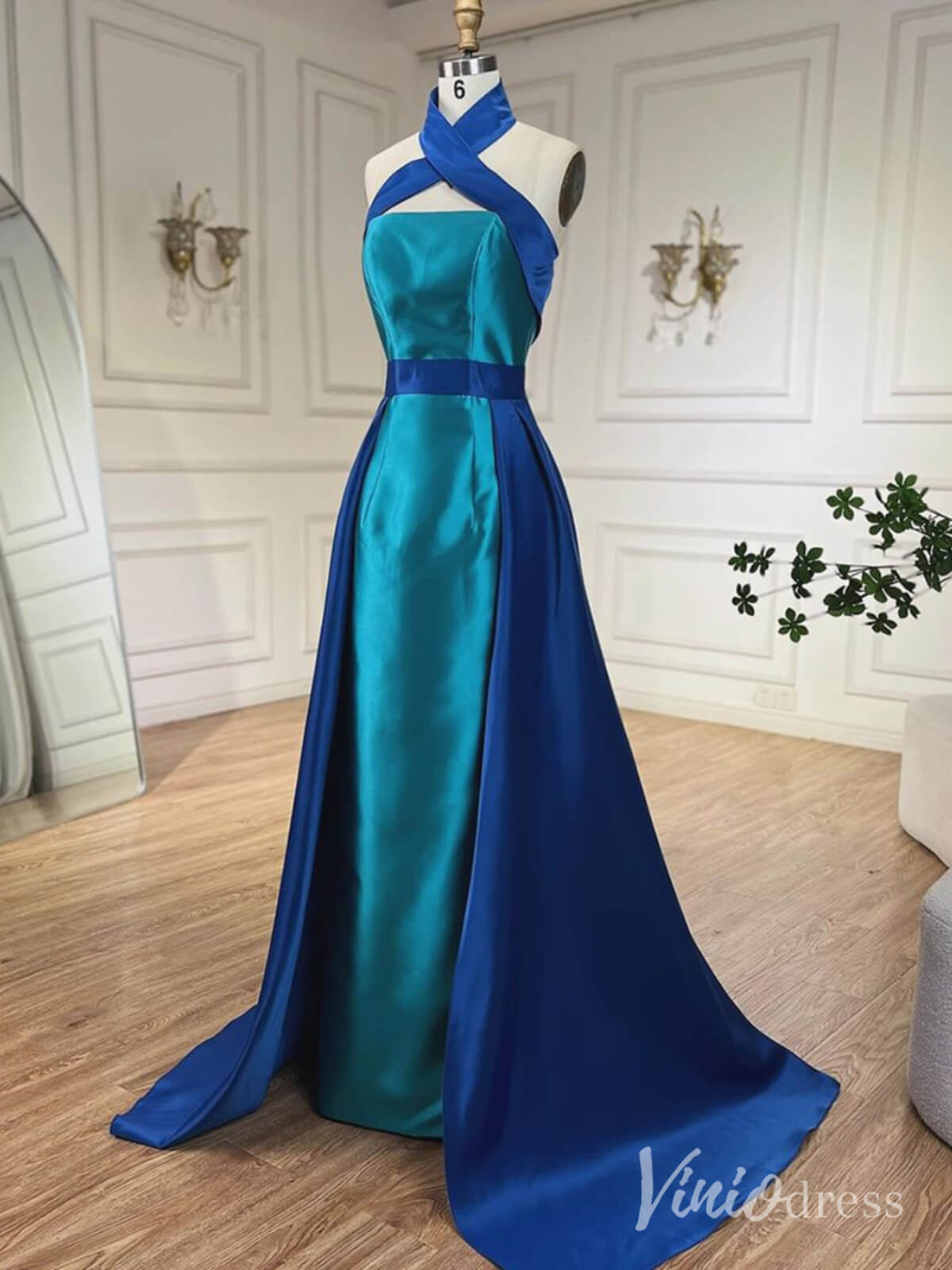 Blue Satin Mermaid Prom Dresses Overskirt Halter Neck Formal Dress AD1251 - ViniodressEvening DressesBlueUS 2 - Formal Dresses - Ball Gowns