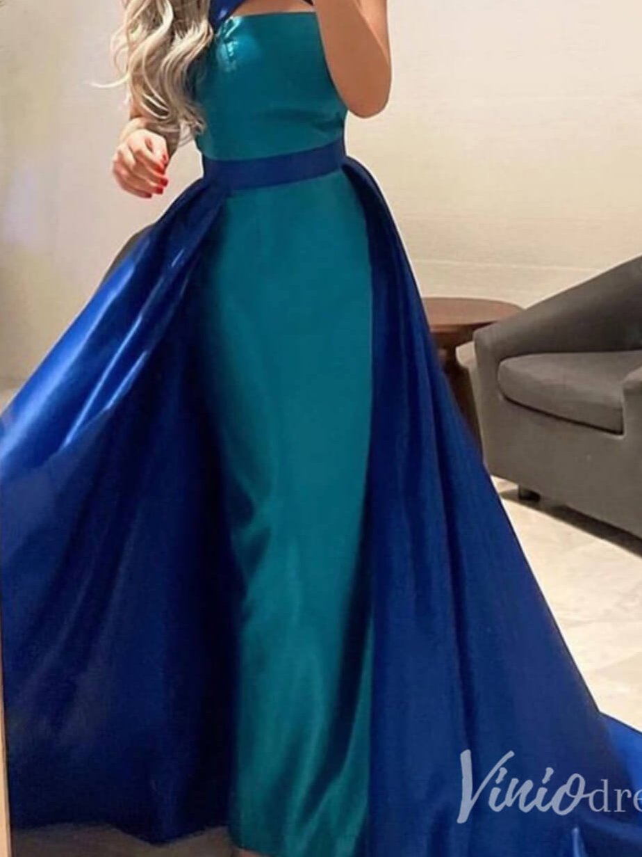 Blue Satin Mermaid Prom Dresses Overskirt Halter Neck Formal Dress AD1251 - ViniodressEvening DressesBlueUS 2 - Formal Dresses - Ball Gowns